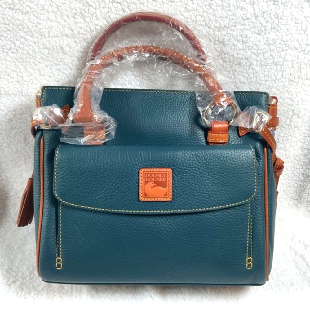 Dooney & Bourke Pebbled Leather Teal Medium Pocket Satchel Handbag NWT Purse Bag